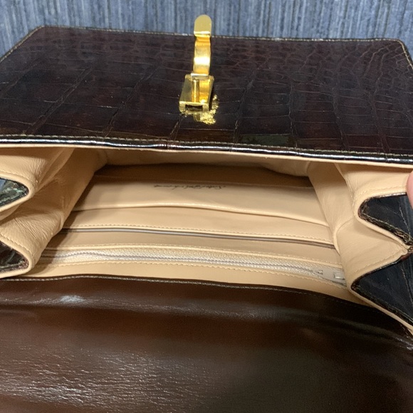Saks 5th Avenue Crocodile/Alligator Handbag Dark Brown EUC 8” x 6” x 3” - Picture 7 of 10